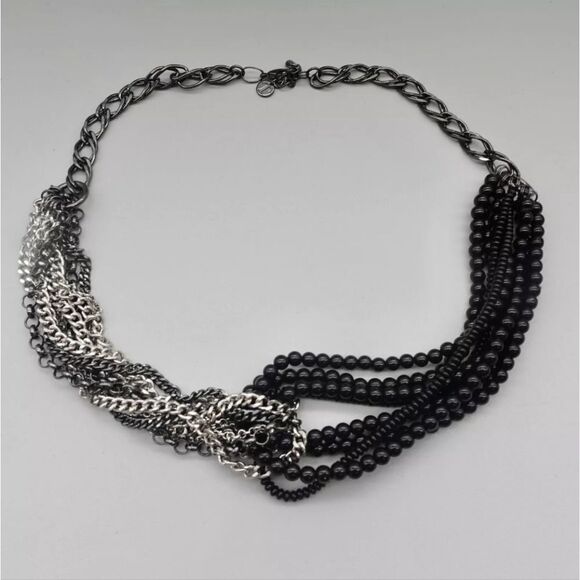 Talbots Necklace Modern Black Beaded Silver Tone Gunmetal Layered Chains 24 Inch - Picture 7 of 10